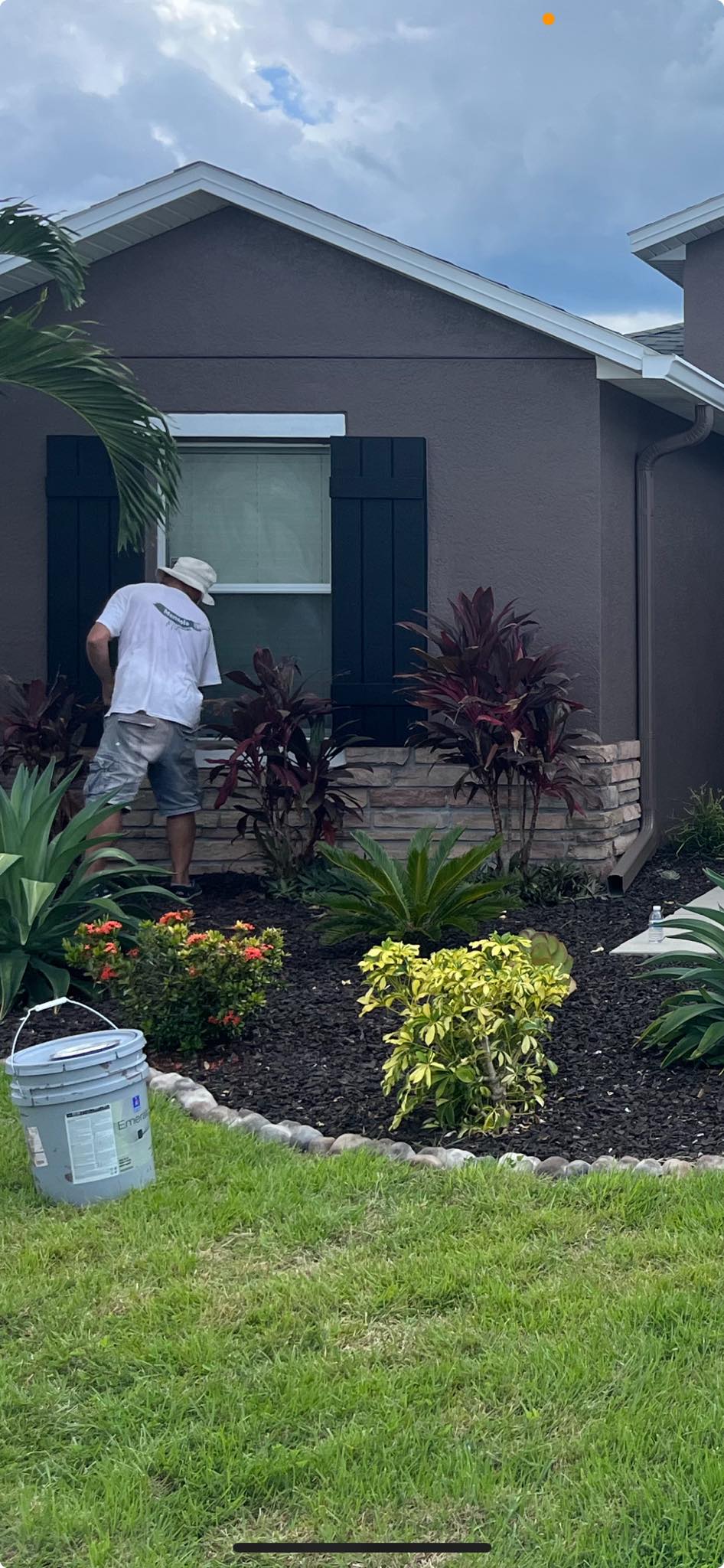 Painter working on an exterior wall beside landscaping